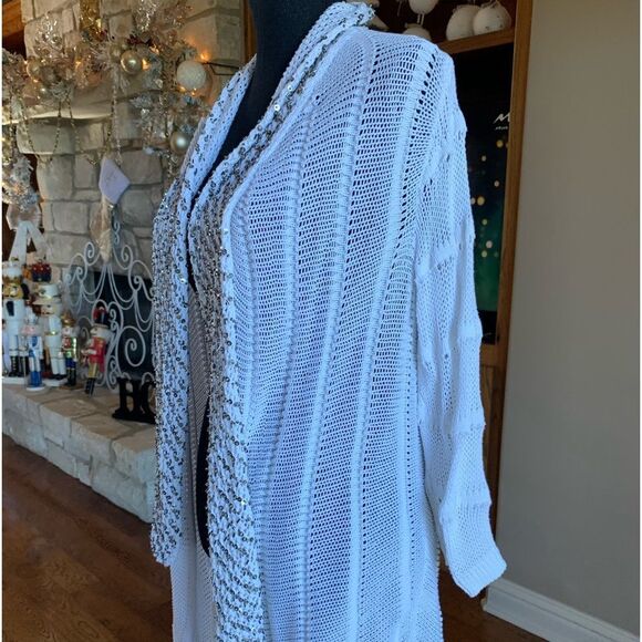 White Open Crocheted Beads Cardigan Sweater - Picture 4 of 15